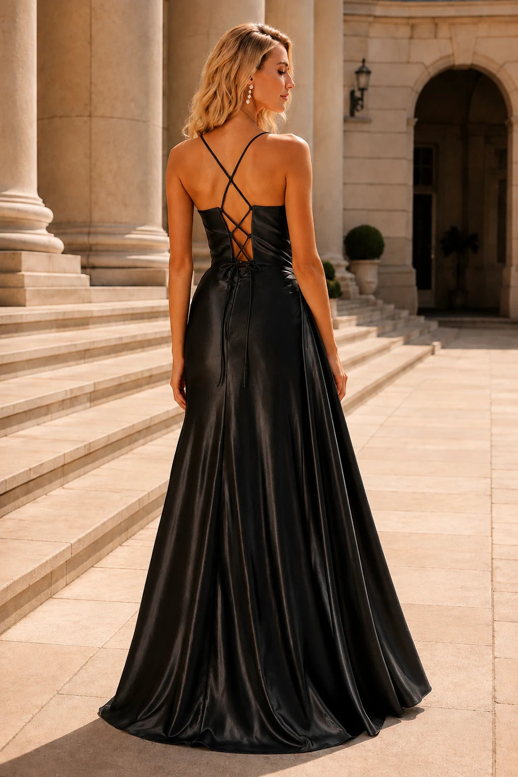 Jorlina Light Spaghetti-Strap Open-Back Gown with Slit Prom Dress in Black prom gown, back view