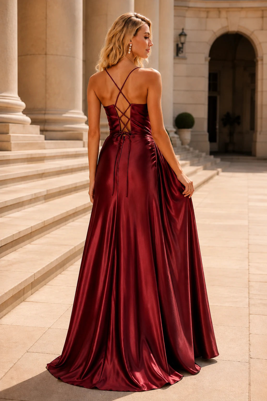Jorlina Light Spaghetti-Strap Open-Back Gown with Slit Prom Dress in Burgundy prom gown, back view