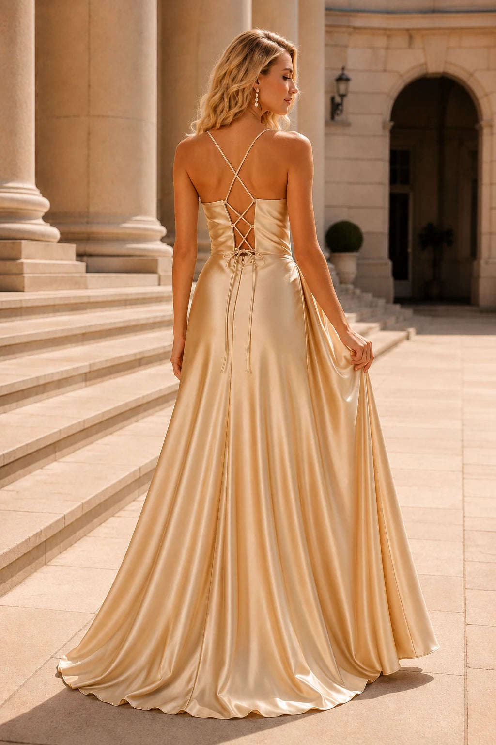 Jorlina Light Spaghetti-Strap Open-Back Gown with Slit Prom Dress in Champagne Gold prom gown, back view