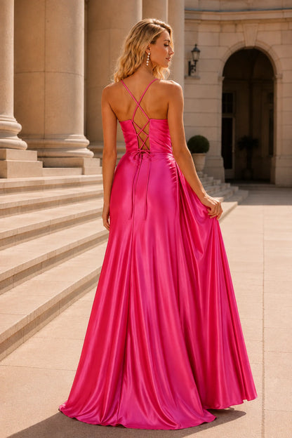 Jorlina Light Spaghetti-Strap Open-Back Gown with Slit Prom Dress in Hot Pink prom gown, back view