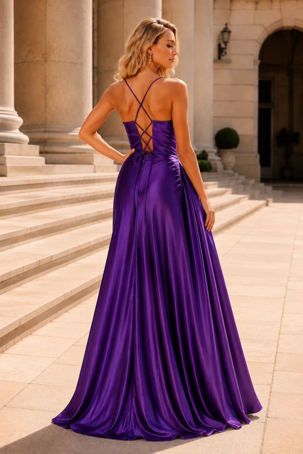 Jorlina Light Spaghetti-Strap Open-Back Gown with Slit Prom Dress in Purple prom gown, back view