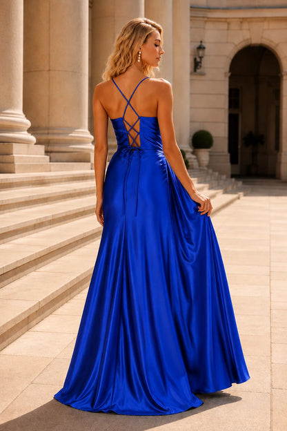 Jorlina Light Spaghetti-Strap Open-Back Gown with Slit Prom Dress in Royal Blue prom gown, back view