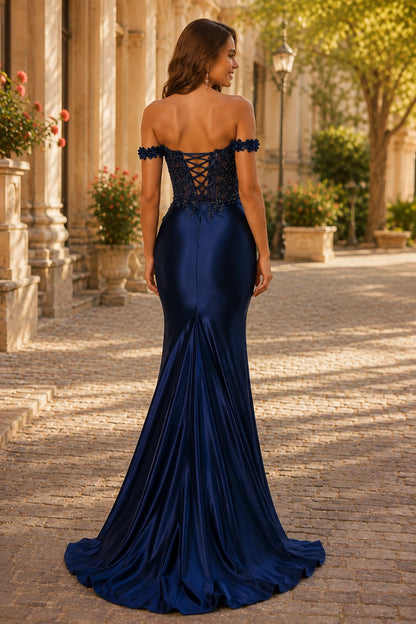 Isaliane Off-the-Shoulder Fitted Gown with Slit Prom Dress in Navy Blue prom gown, back view