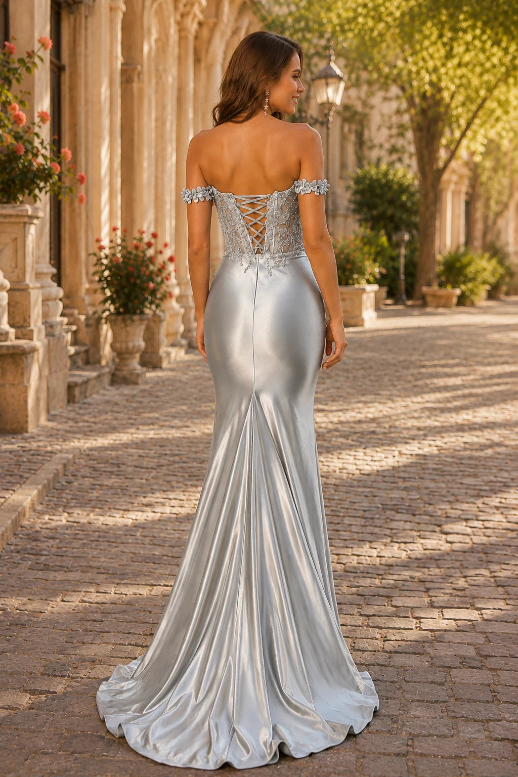 Isaliane Off-the-Shoulder Fitted Gown with Slit Prom Dress in Silver prom gown, back view