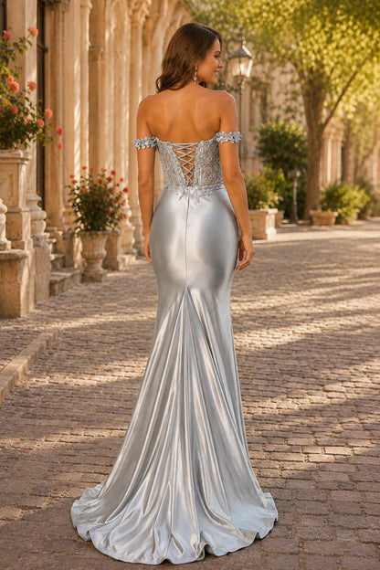 Isaliane Off-the-Shoulder Fitted Gown with Slit Prom Dress in Silver prom gown, back view