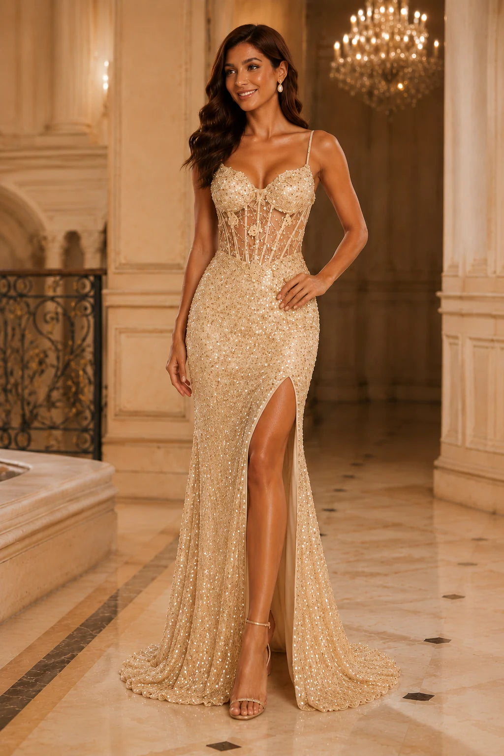 Isasette Spaghetti-Strap Embellished Gown with Slit Prom Dress in Champagne prom gown, front view