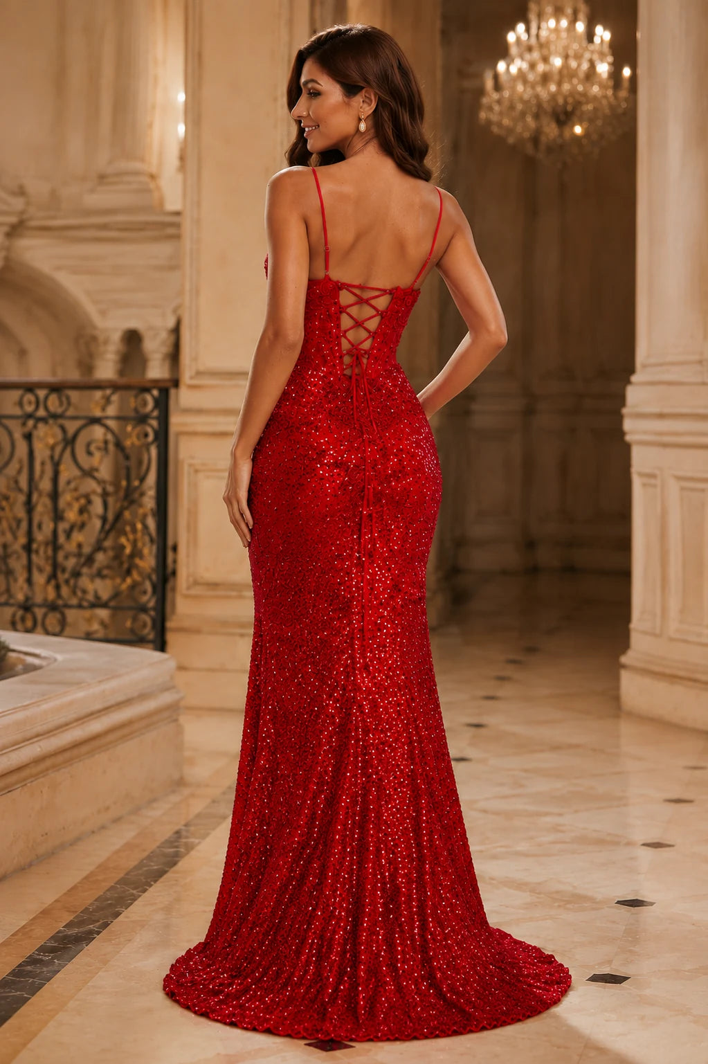 Red spaghetti-strap embellished gown with slit prom dress S8341P, back view