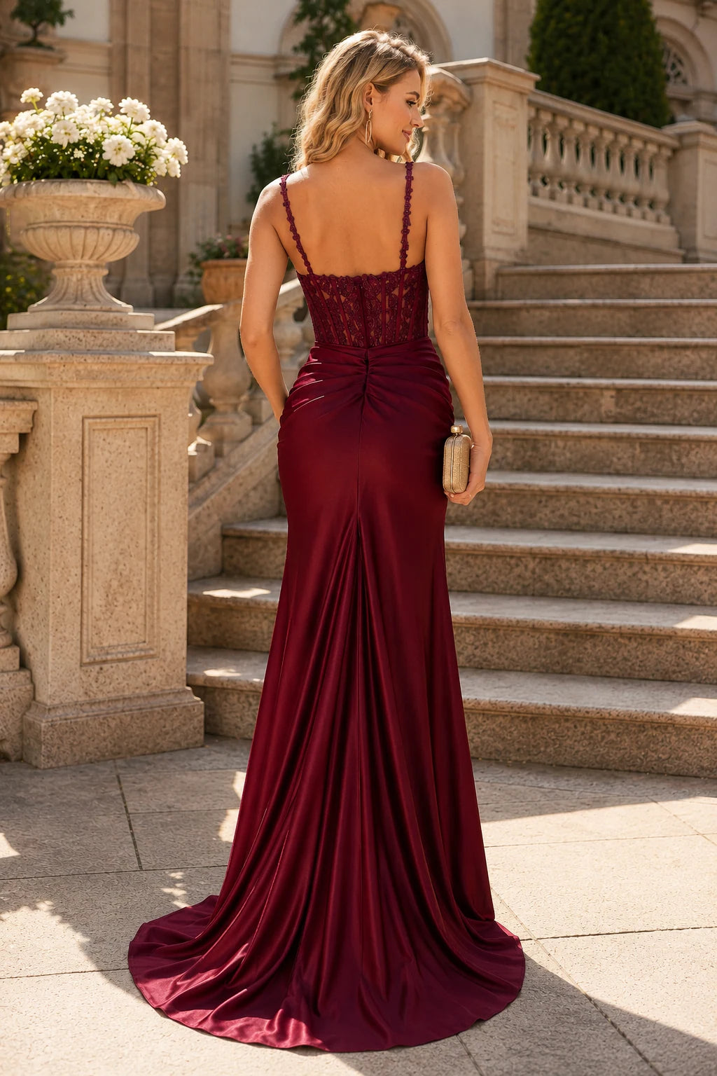 Isarienne Spaghetti-Strap Fitted Gown with Slit Prom Dress in Burgundy prom gown, back view