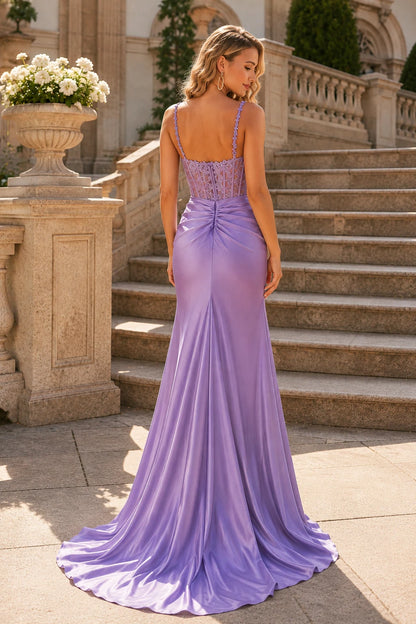 Isarienne Spaghetti-Strap Fitted Gown with Slit Prom Dress in Lavender prom gown, back view