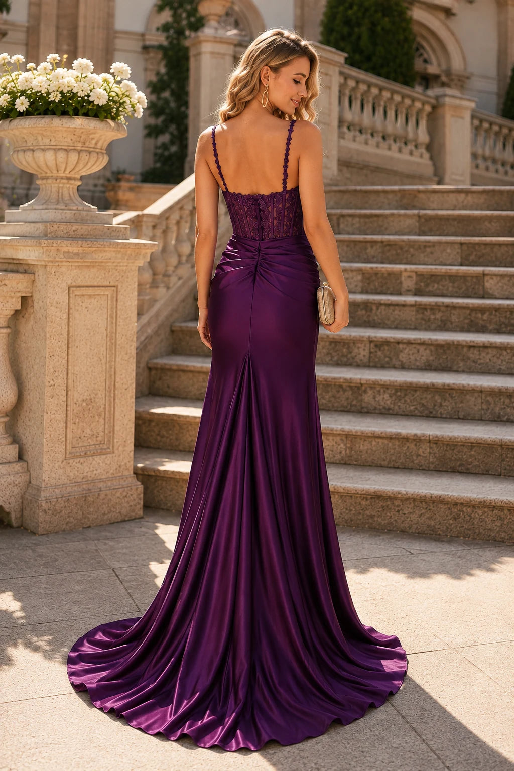 Isarienne Spaghetti-Strap Fitted Gown with Slit Prom Dress in Purple prom gown, back view