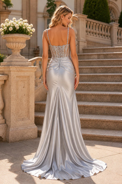 Isarienne Spaghetti-Strap Fitted Gown with Slit Prom Dress in Silver prom gown, back view
