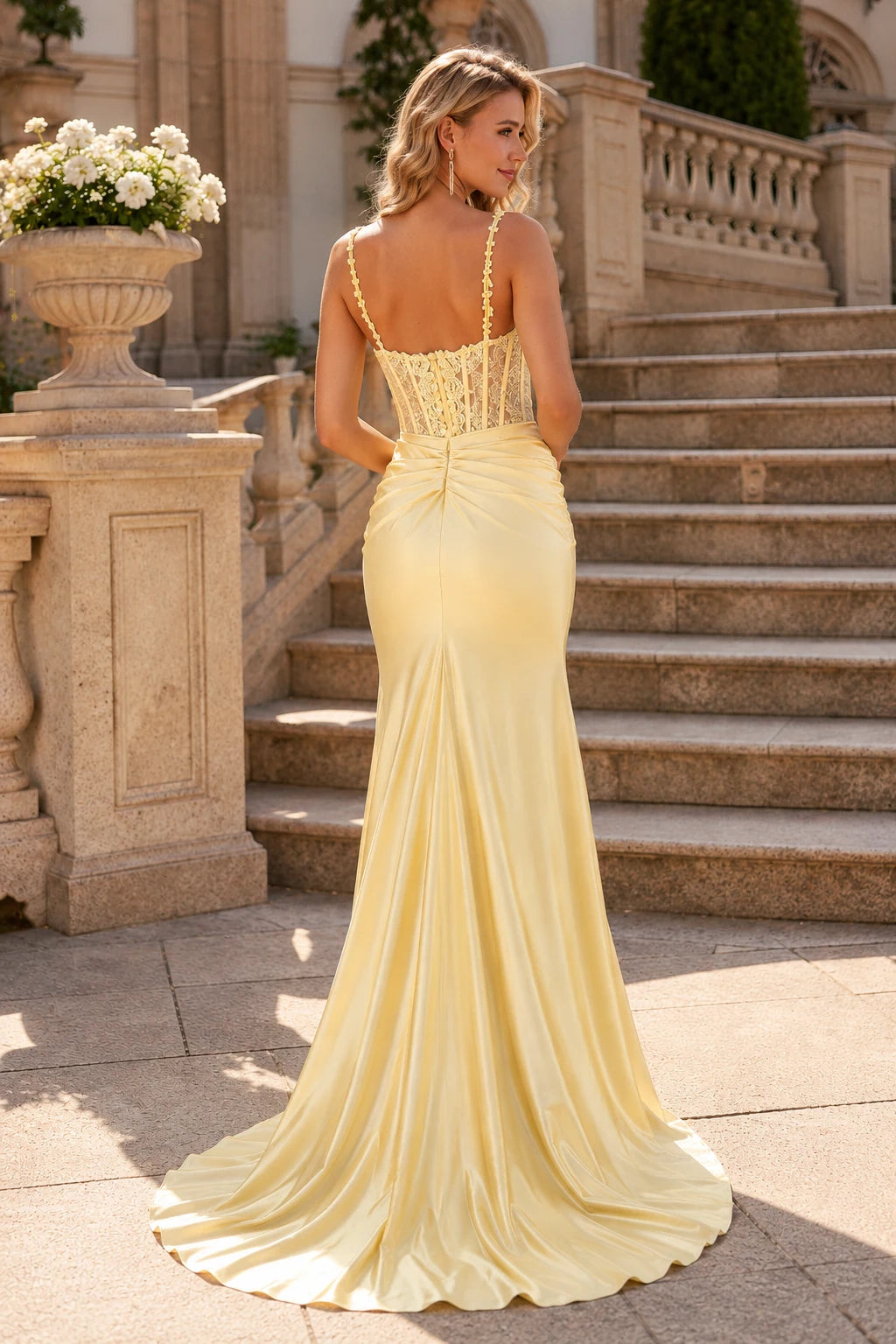 Isarienne Spaghetti-Strap Fitted Gown with Slit Prom Dress in Yellow prom gown, back view