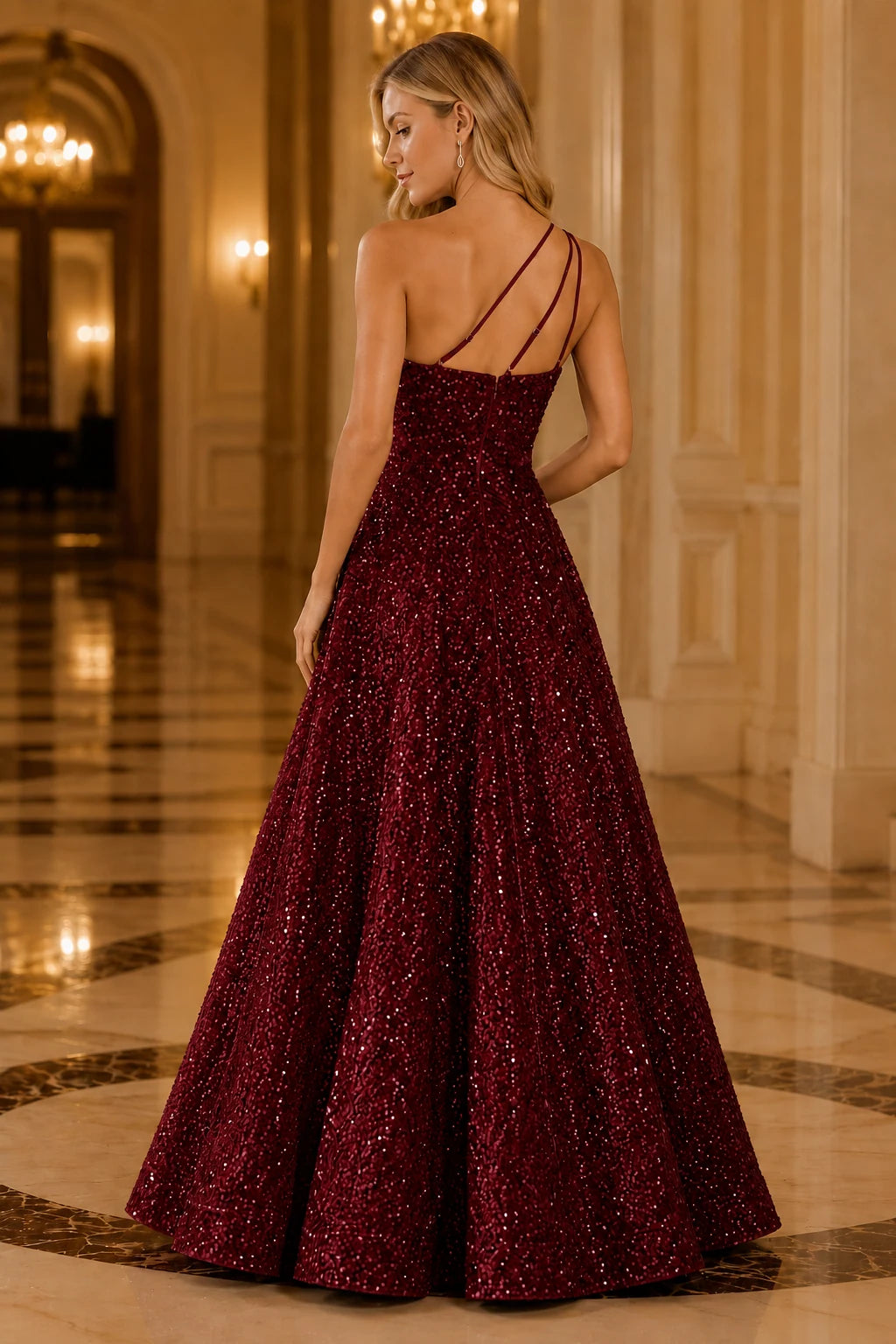 Isasera One-Shoulder Embellished Ball Gown Prom Dress in Burgundy prom gown, back view