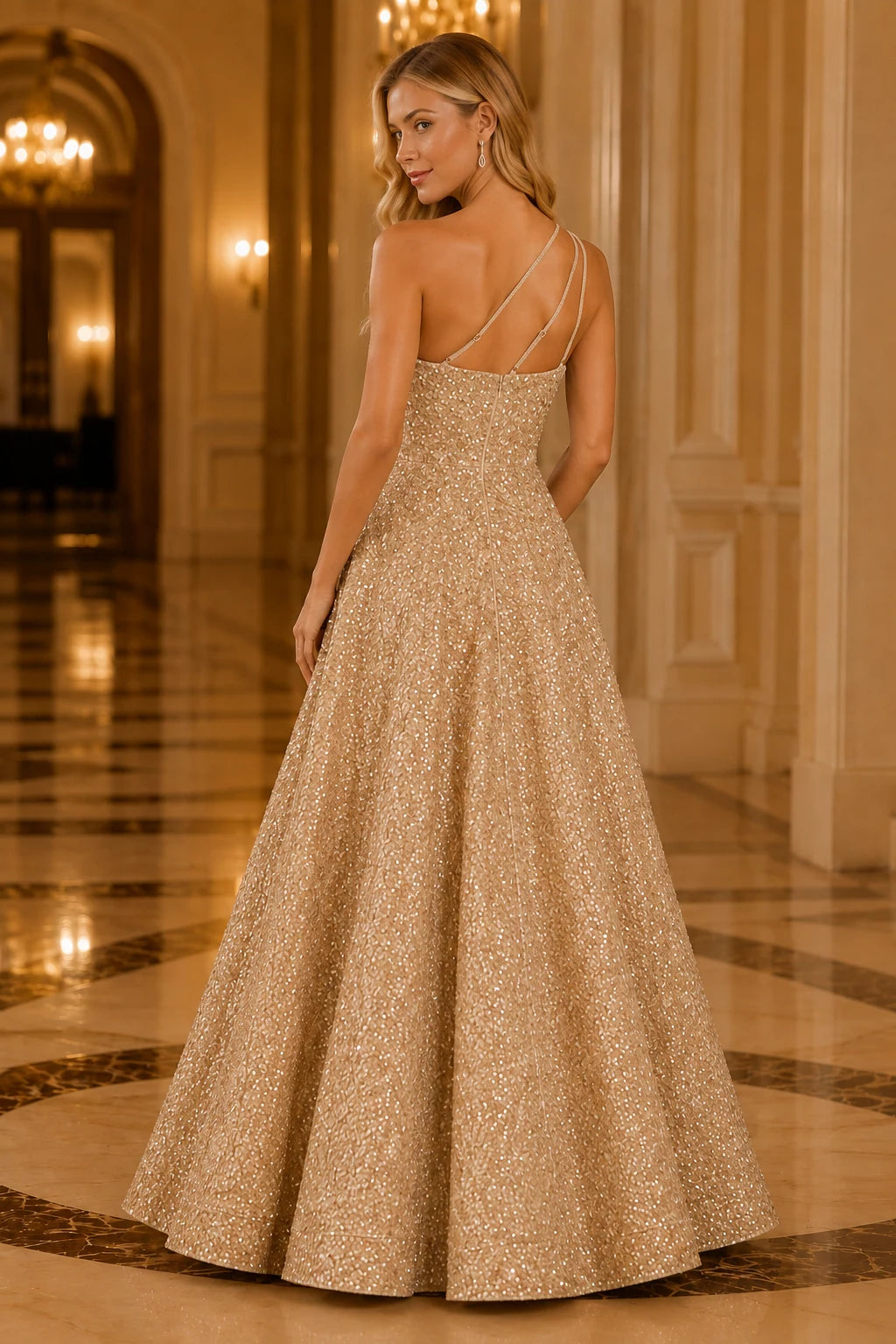 Isasera One-Shoulder Embellished Ball Gown Prom Dress in Champagne Gold prom gown, back view