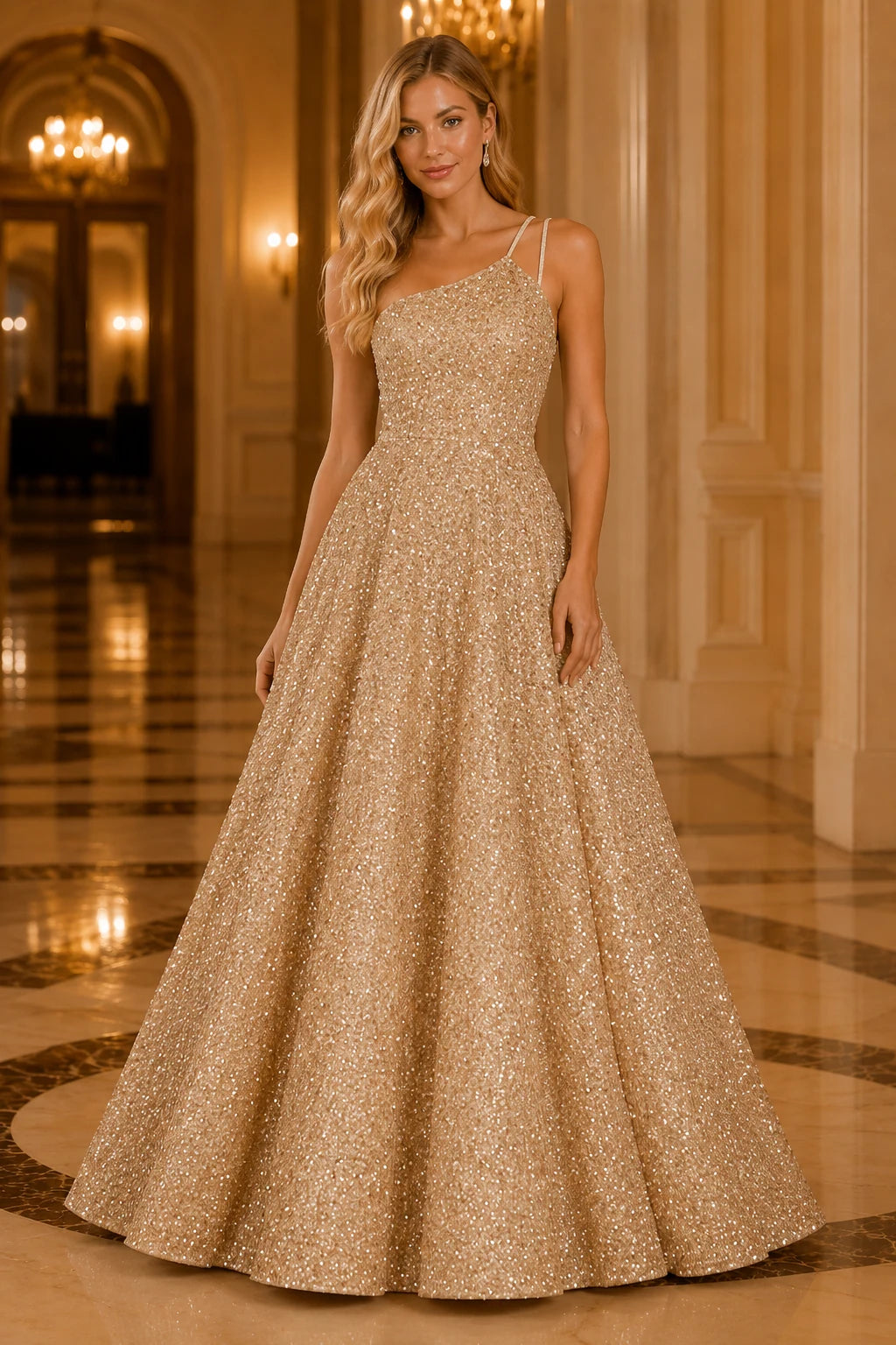 Isasera One-Shoulder Embellished Ball Gown Prom Dress in Champagne Gold prom gown, front view