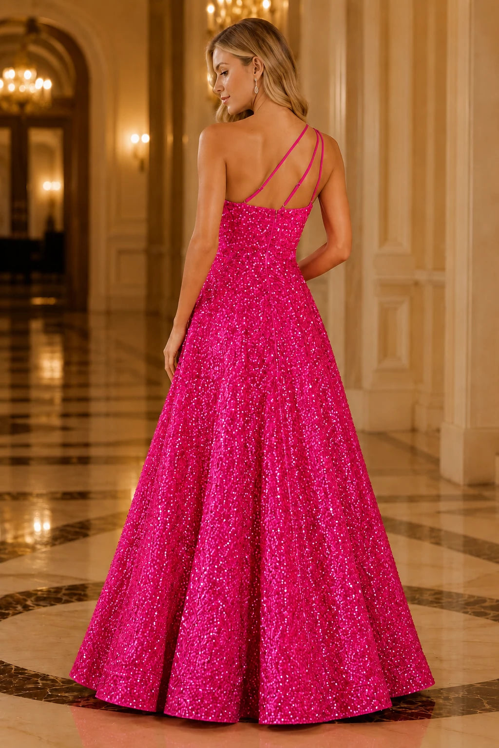 Isasera One-Shoulder Embellished Ball Gown Prom Dress in Hot Pink prom gown, back view