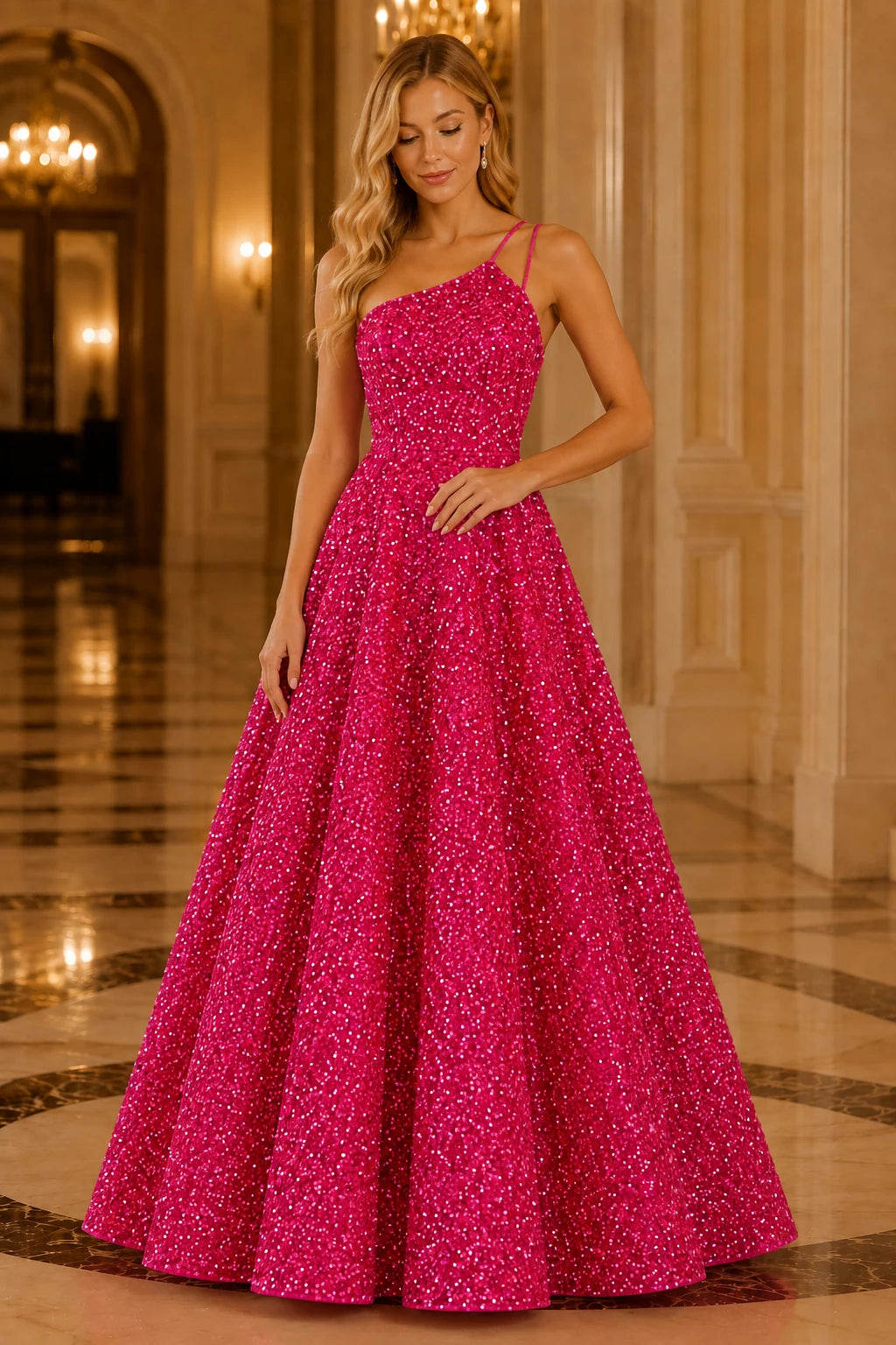 Isasera One-Shoulder Embellished Ball Gown Prom Dress in Hot Pink prom gown, front view