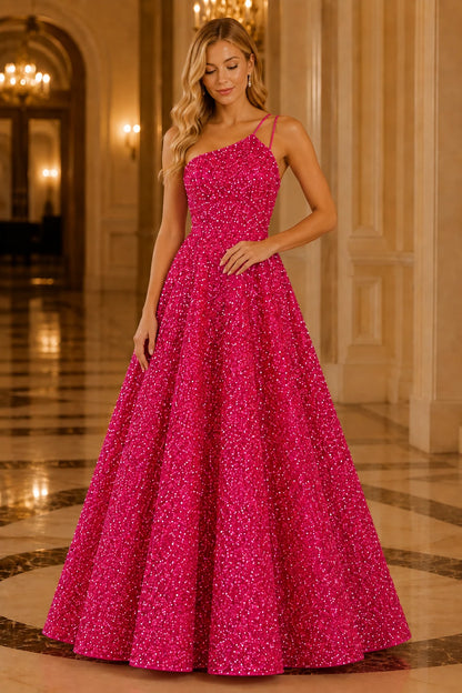 Isasera One-Shoulder Embellished Ball Gown Prom Dress in Hot Pink prom gown, front view