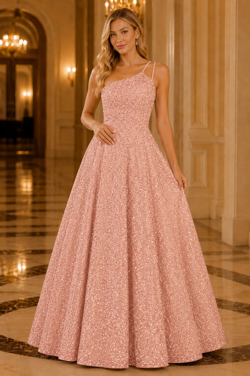 Isasera One-Shoulder Embellished Ball Gown Prom Dress in Light Pink prom gown, front view