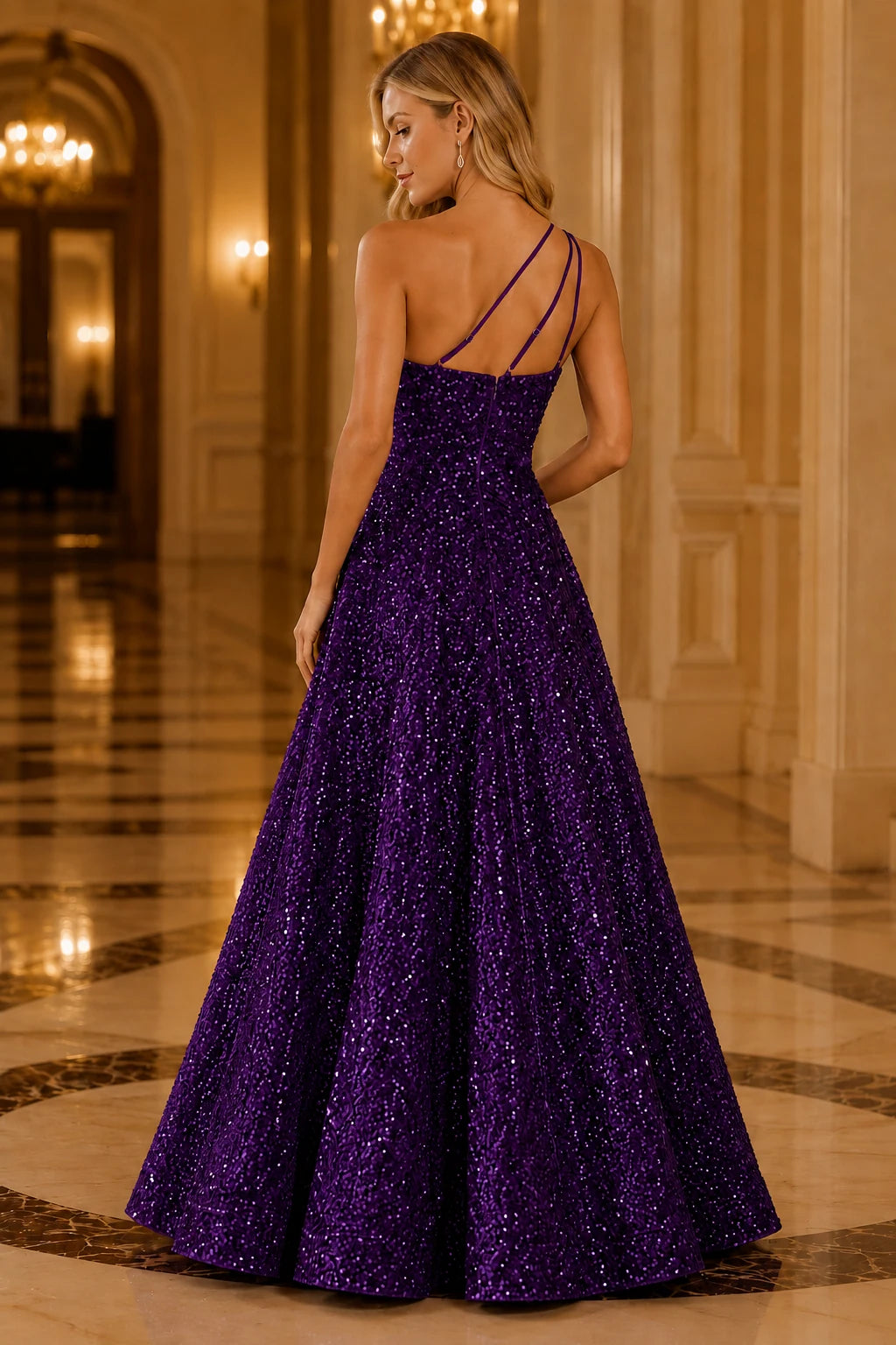Isasera One-Shoulder Embellished Ball Gown Prom Dress in Purple prom gown, back view