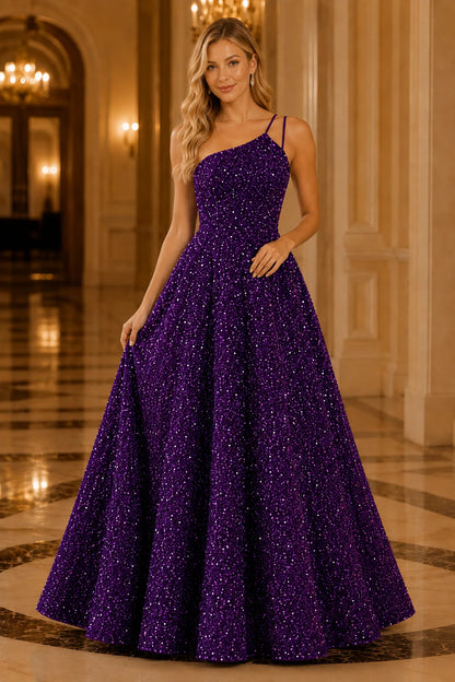 Isasera One-Shoulder Embellished Ball Gown Prom Dress in Purple prom gown, front view