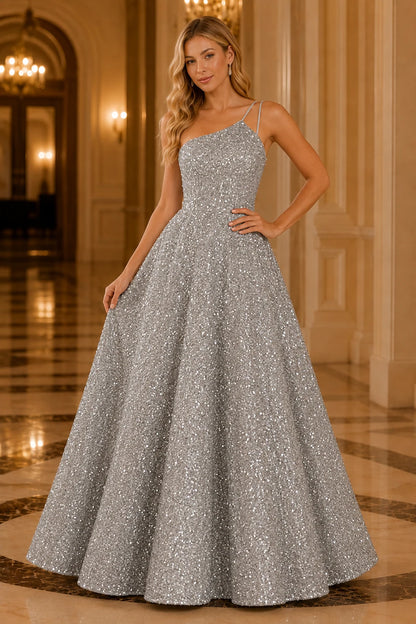 Isasera One-Shoulder Embellished Ball Gown Prom Dress in Silver prom gown, front view