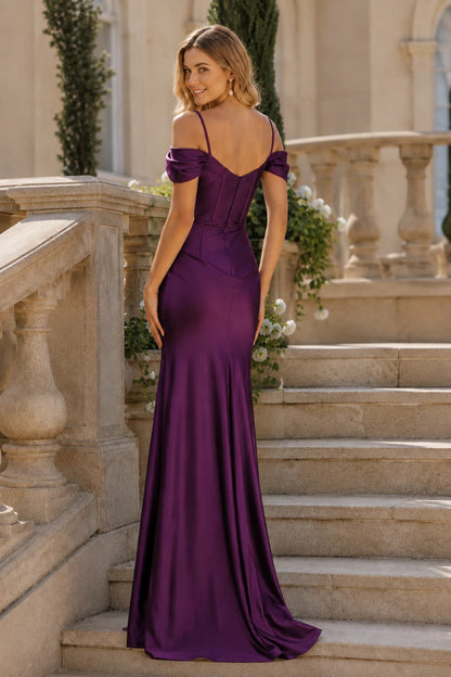 Isalena Light Off-the-Shoulder Fitted Gown with Slit Prom Dress in Burgundy prom gown, back view