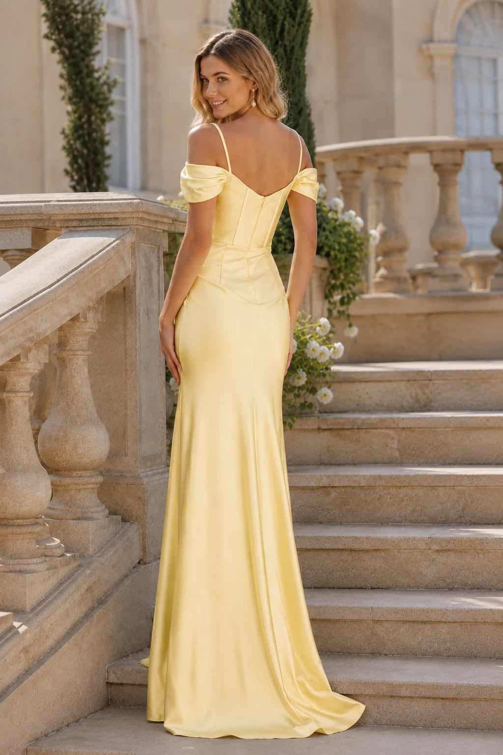 Isalena Light Off-the-Shoulder Fitted Gown with Slit Prom Dress in Yellow prom gown, back view
