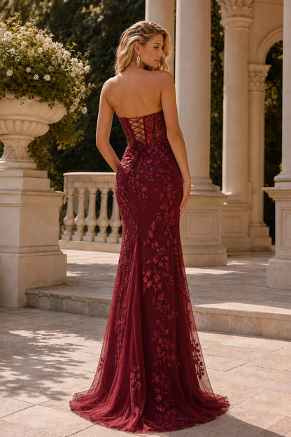 Isavina Light Strapless Floral-Applique Gown with Slit Prom Dress in Burgundy prom gown, back view
