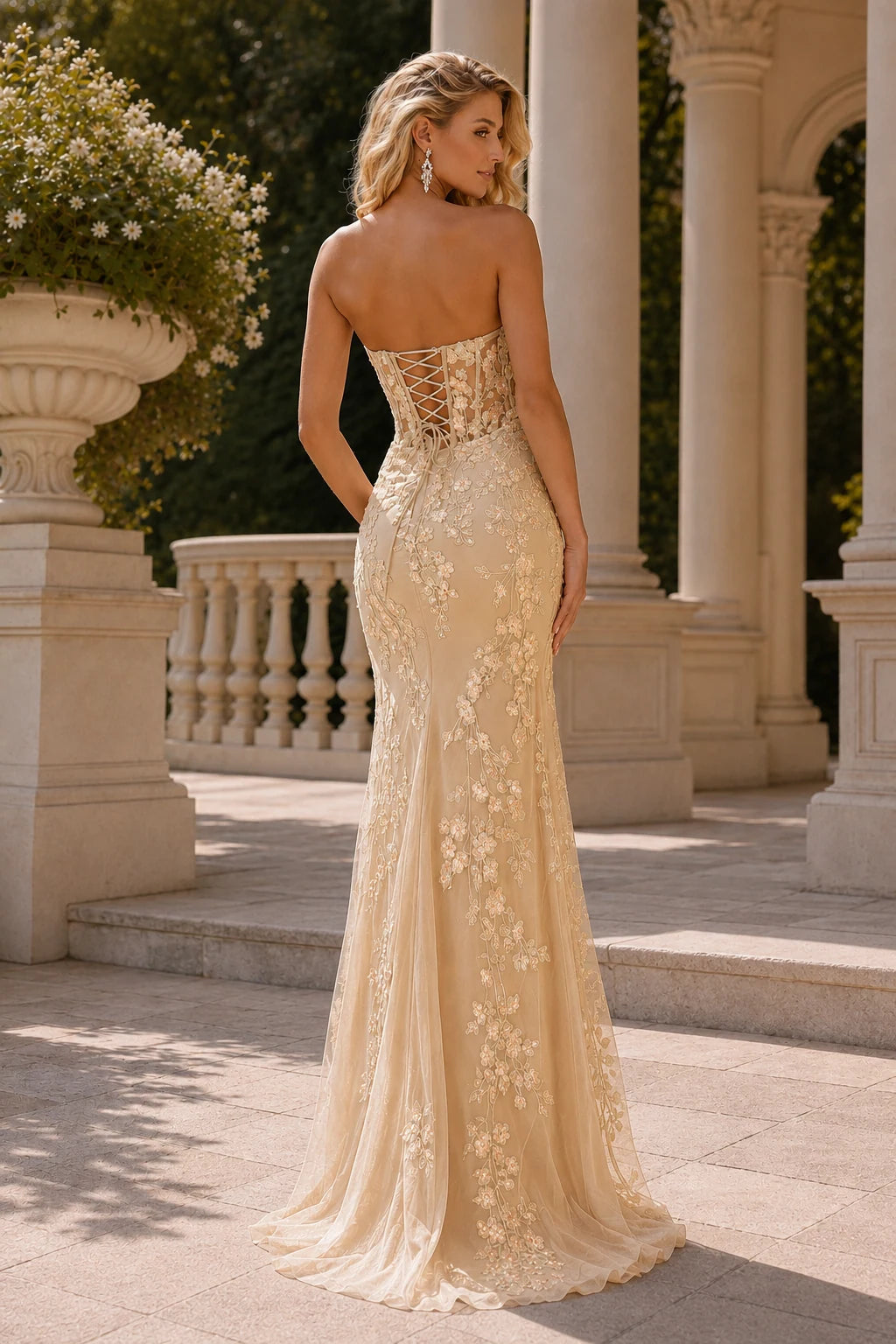 Isavina Light Strapless Floral-Applique Gown with Slit Prom Dress in Champagne prom gown, back view