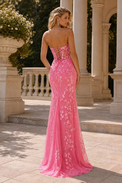 Isavina Light Strapless Floral-Applique Gown with Slit Prom Dress in Hot Pink prom gown, back view
