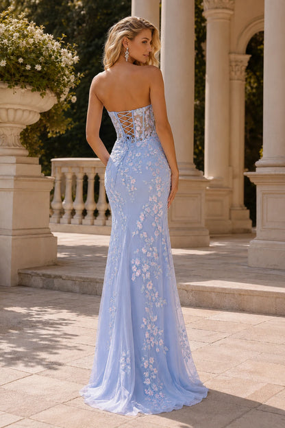 Light Blue strapless floral-applique gown with slit prom dress S8387P, back view