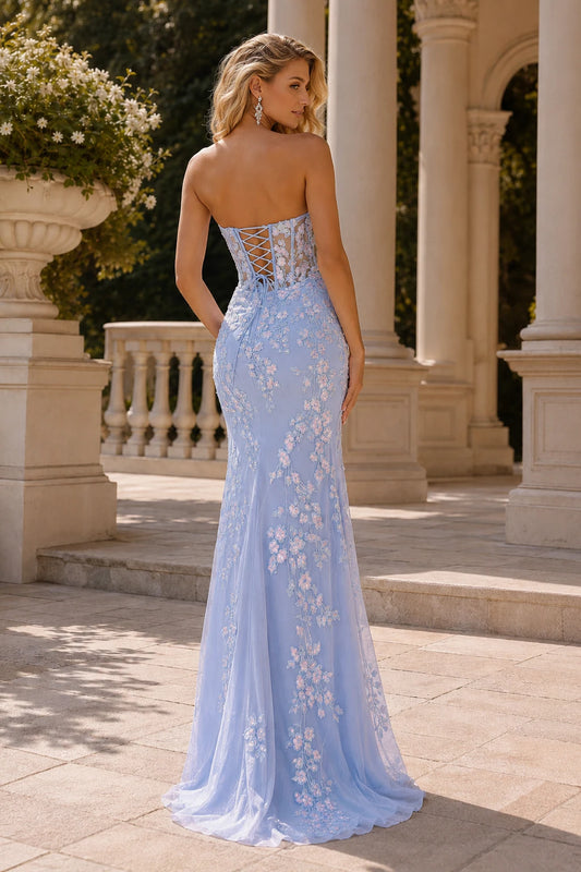 Isavina Light Strapless Floral-Applique Gown with Slit Prom Dress in Light Blue - back view