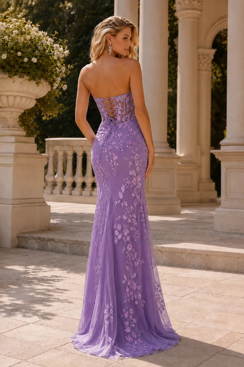 Isavina Light Strapless Floral-Applique Gown with Slit Prom Dress in Purple prom gown, back view