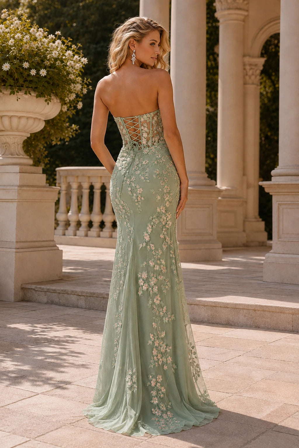 Isavina Light Strapless Floral-Applique Gown with Slit Prom Dress in Seafoam prom gown, back view