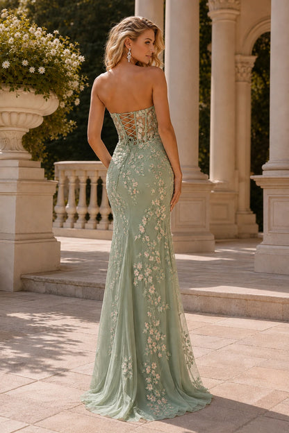 Isavina Light Strapless Floral-Applique Gown with Slit Prom Dress in Seafoam prom gown, back view