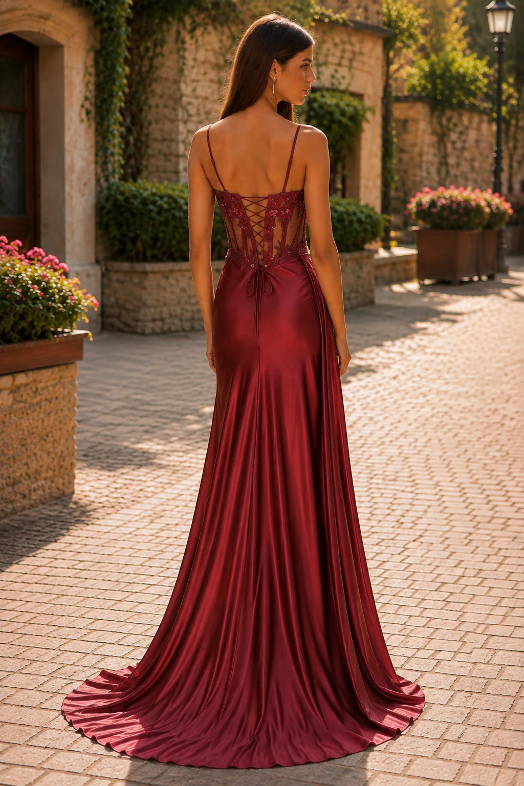 Isamara Olive Sweetheart Embellished Gown with Slit Prom Dress in Burgundy prom gown, front view