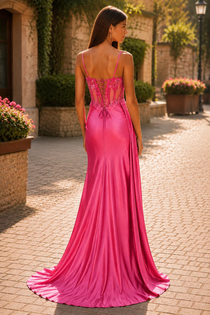 Isamara Olive Sweetheart Embellished Gown with Slit Prom Dress in Hot Pink prom gown, front view