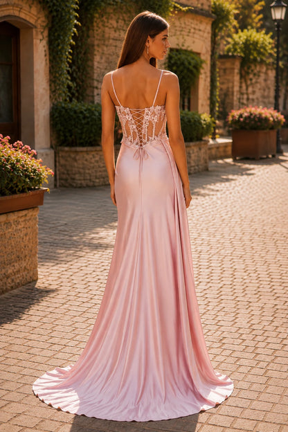Isamara Olive Sweetheart Embellished Gown with Slit Prom Dress in Light Pink prom gown, front view