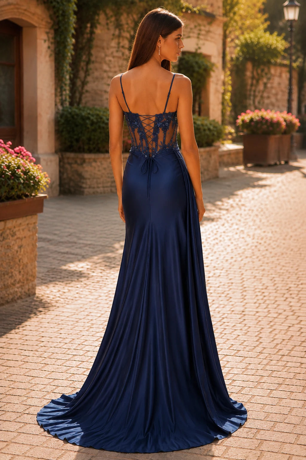 Isamara Olive Sweetheart Embellished Gown with Slit Prom Dress in Navy Blue prom gown, front view