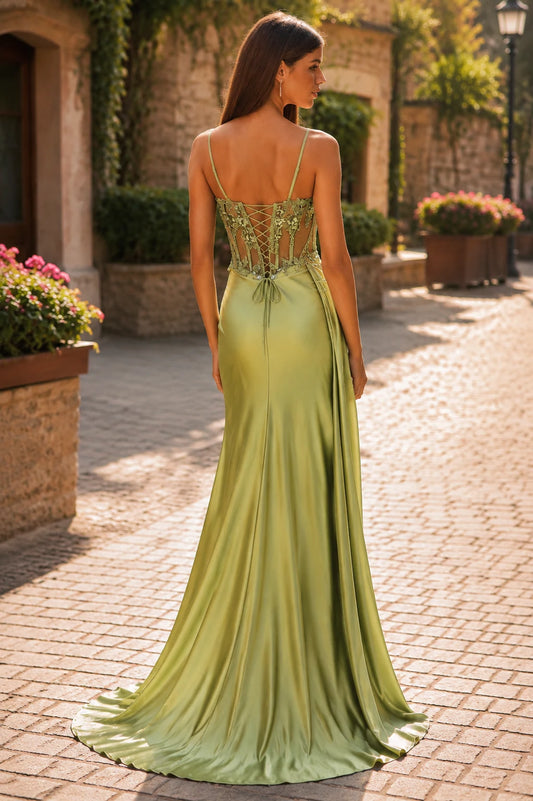 Isamara Olive Sweetheart Embellished Gown with Slit Prom Dress in Olive Green - back view