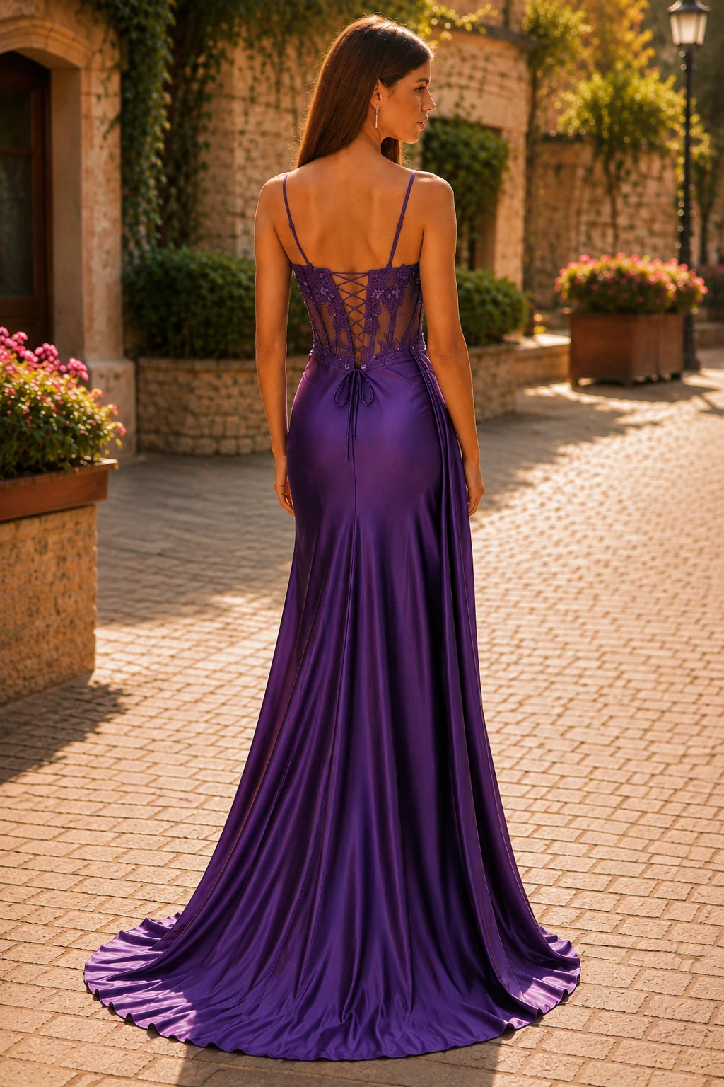 Isamara Olive Sweetheart Embellished Gown with Slit Prom Dress in Purple prom gown, front view