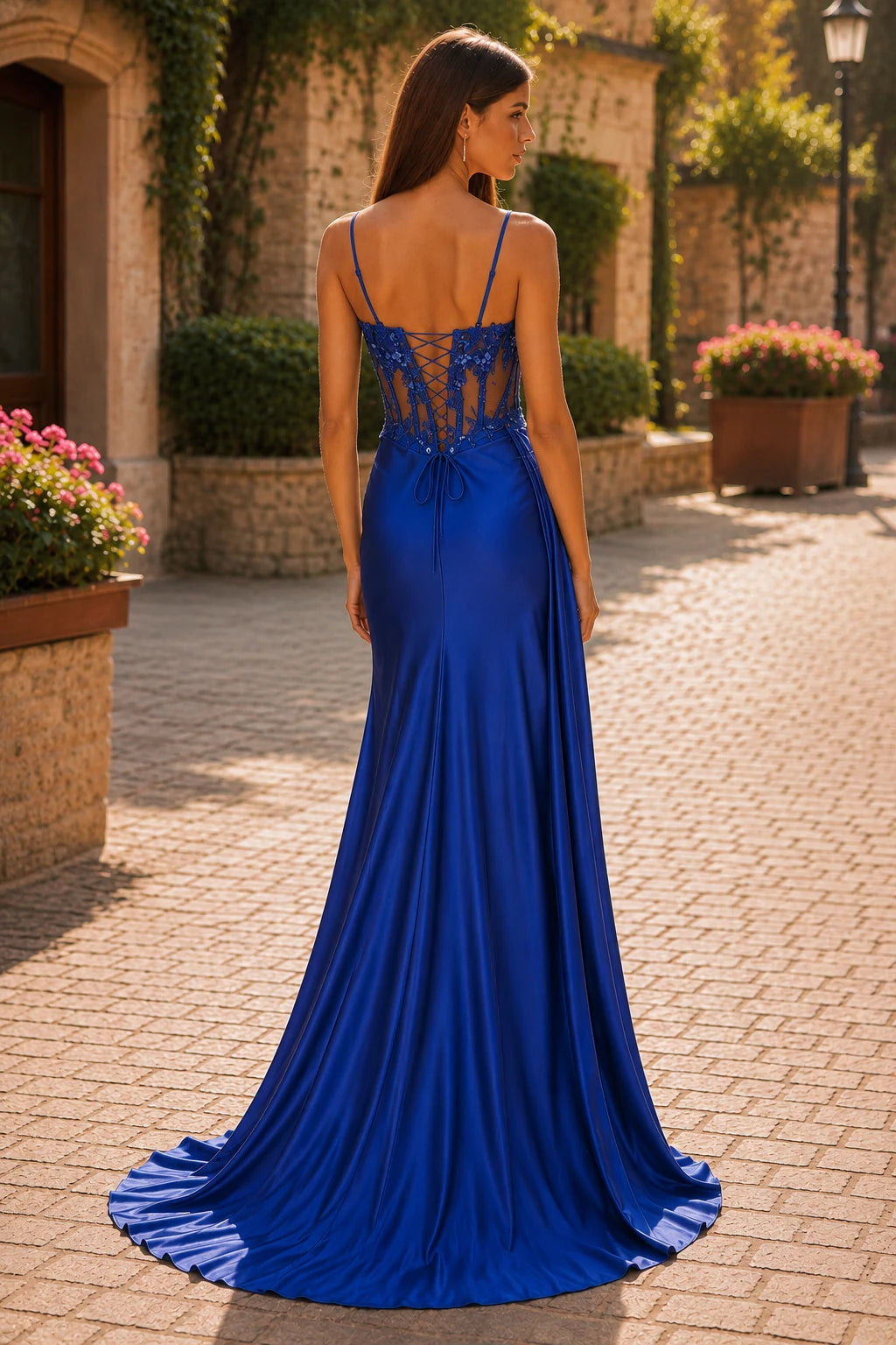 Isamara Olive Sweetheart Embellished Gown with Slit Prom Dress in Royal Blue prom gown, front view