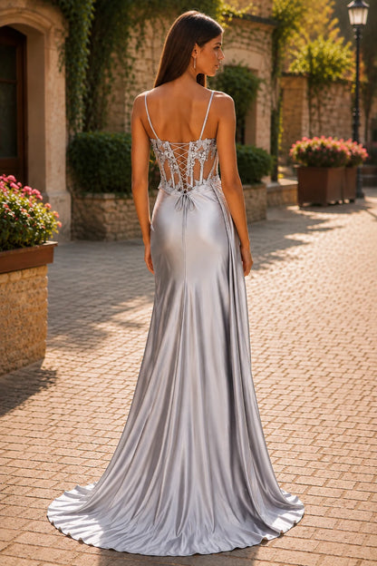 Isamara Olive Sweetheart Embellished Gown with Slit Prom Dress in Silver prom gown, front view