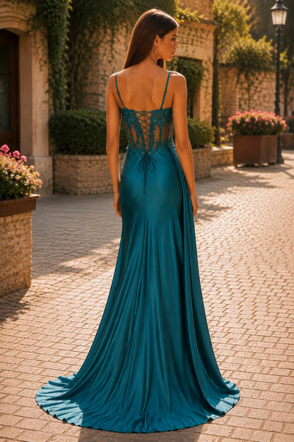 Isamara Olive Sweetheart Embellished Gown with Slit Prom Dress in Teal prom gown, front view