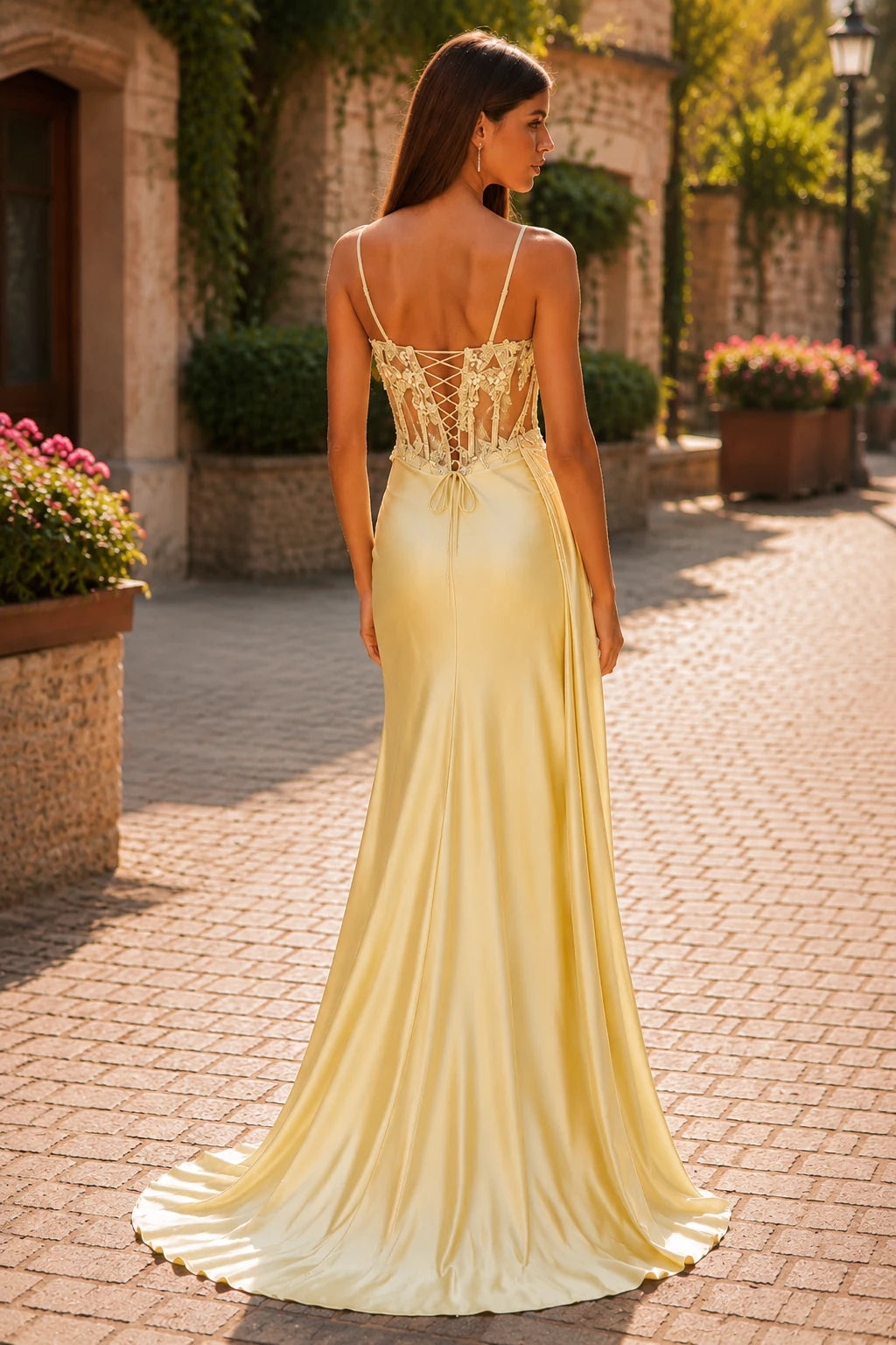 Isamara Olive Sweetheart Embellished Gown with Slit Prom Dress in Yellow prom gown, front view
