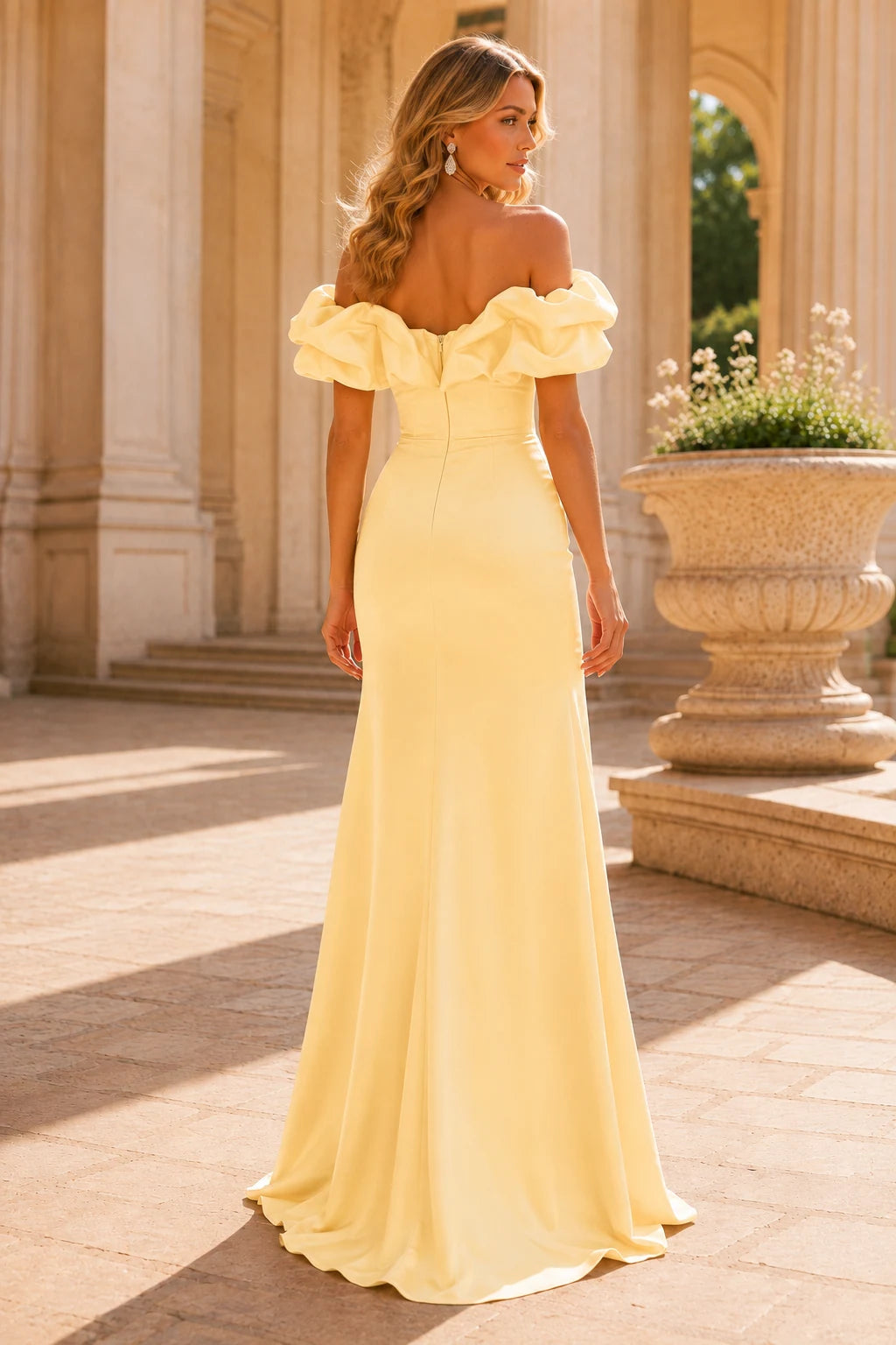 Isavara Off-the-Shoulder Ruffle Gown with Slit Prom Dress in Champagne prom gown, back view