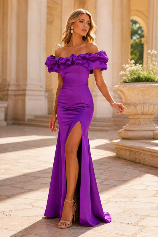 Isavara Off-the-Shoulder Ruffle Gown with Slit Prom Dress in Purple - front view