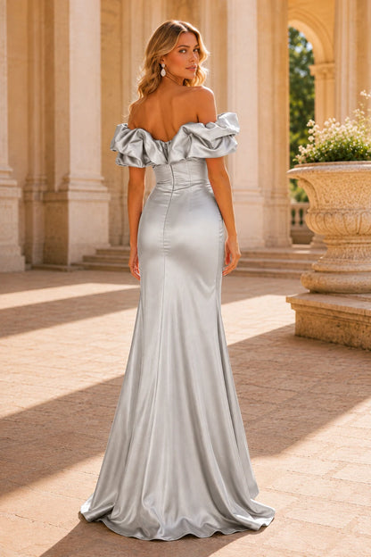 Isavara Off-the-Shoulder Ruffle Gown with Slit Prom Dress in Silver prom gown, back view