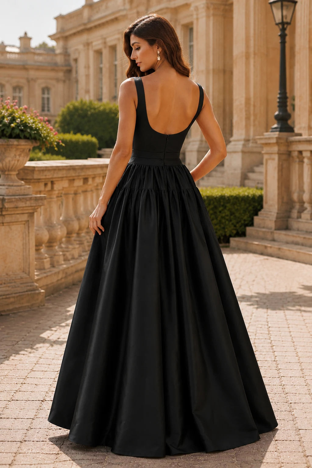 Isaselle Spaghetti-Strap Corset A-Line Gown Prom Dress in Black prom gown, back view